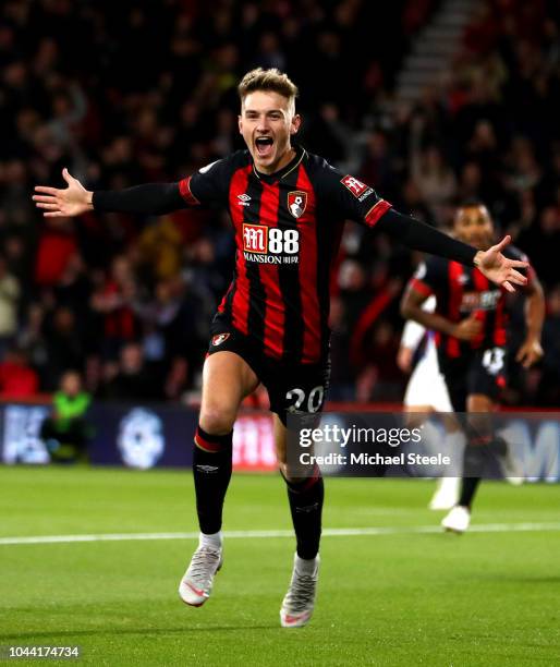 David Brooks of AFC Bournemouth celebrates after he scores his sides first goal during the Premier League match between AFC Bournemouth and Crystal...