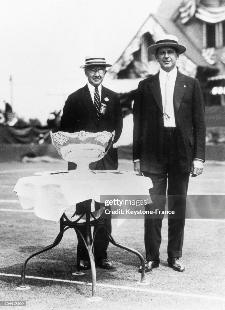 The Tennis Player Dwight Filley Davis (Right), Donor Of The International Tennis Trophy On The Court At Forest Hills Gardens In Manhattan With The Davis Cup Final The Day Of The Final, Around 1920