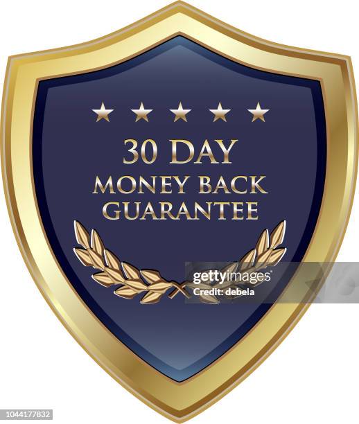ilustraciones, imágenes clip art, dibujos animados e iconos de stock de lujo de garantía de devolución de dinero de treinta días gold shield - fiabilidad