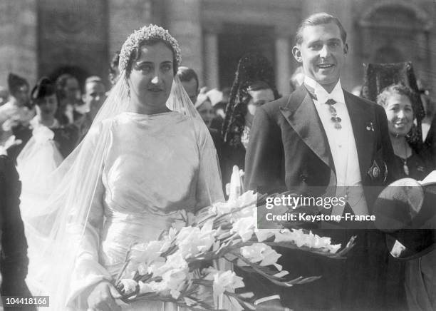 The Prince of Asturias JUAN of BOURBON, son of ALPHONSE XIII exiled King of Spain, and his wife Princess MARIA de las MERCEDES of BOURBON, leaving...