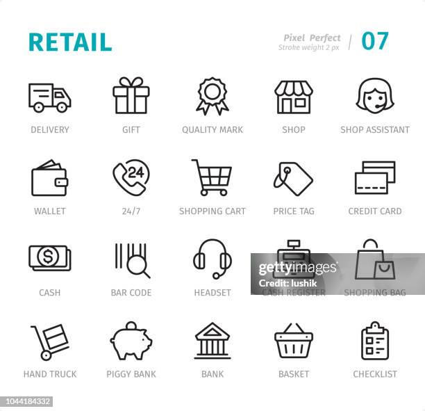 illustrazioni stock, clip art, cartoni animati e icone di tendenza di retail - icone di linea pixel perfect con didascalie - shopping icon