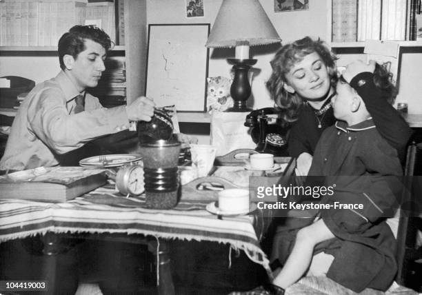 The French Actor Daniel Gelin Takes His Breakfast With His Wife Danielle Delorme And Their Son Xavier Around 1950.