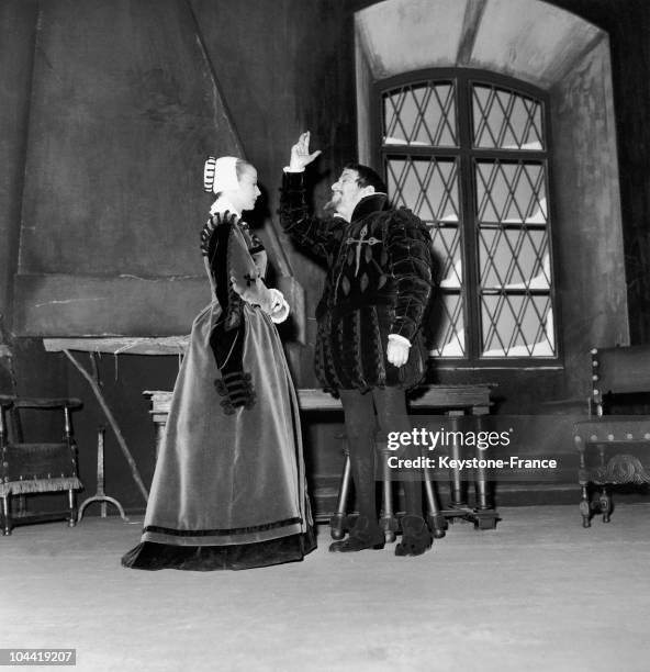The French Actors Jean Marchat And Renee Faure In The Play Le Maitre De Santiago By Henri De Montherlant At The Comedie Francaise In Paris In 1958.