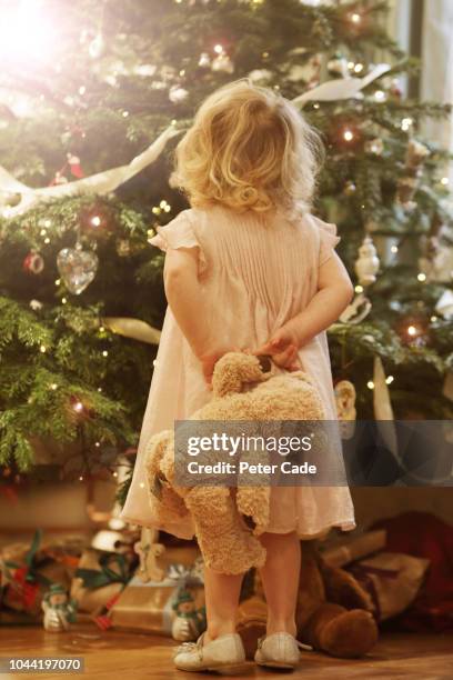 young child with teddy looking up at christmas tree - before christmas stock-fotos und bilder