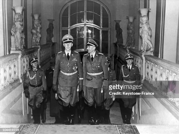 The Nazi Officer Reinhard Heydrich, Accompanied By The Governor General Of Poland, Karl Hermann Frank, Climbing The Entrance Steps To The Castle Of...
