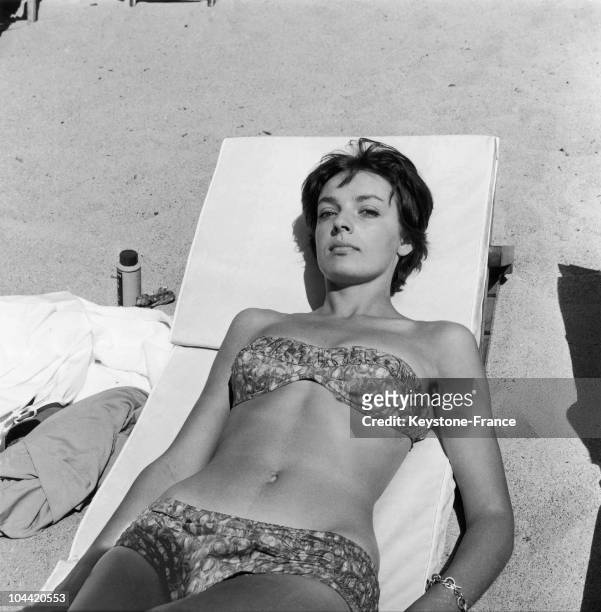 May 7 The Actress And Singer Marie Laforet Sunbathing On The Croisette Beach During The Film Festival.