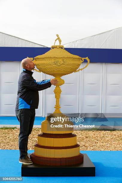 Thomas Bjorn poses with the largest ever replica Ryder Cup trophy made entirely from LEGO bricks, crafted by the LEGO Group to honour the first...