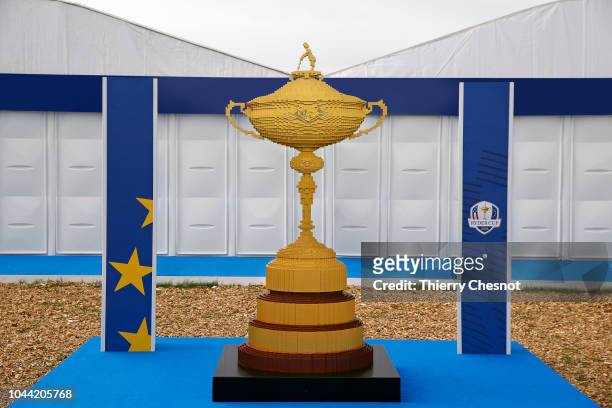 The largest ever replica Ryder Cup trophy made entirely from LEGO bricks stands ready to welcome spectators to the 42nd Ryder Cup at Le Golf...