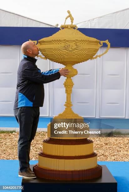 Thomas Bjorn poses with the largest ever replica Ryder Cup trophy made entirely from LEGO bricks, crafted by the LEGO Group to honour the first...