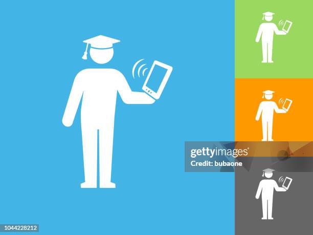 graduate holding tablet flat icon on blue background - man using tablet stock illustrations