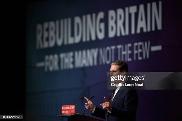 Shadow Secretary of State for Brexit Keir Starmer addresses delegates in the Exhibition Centre Liverpool, during day three of the annual Labour Party...