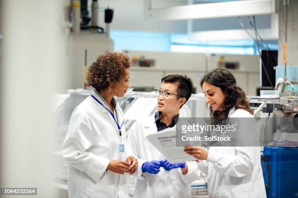 female scientists discuss work in lab, stem - research stock pictures, royalty-free photos & images