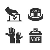 Vector vote icon with voter hand, ballot box, click button, voting hands. Democracy election poll silhouette symbol.