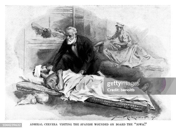 admiral cervera visiting the spanish wounded on the uss iowa - wounded soldiers stock illustrations