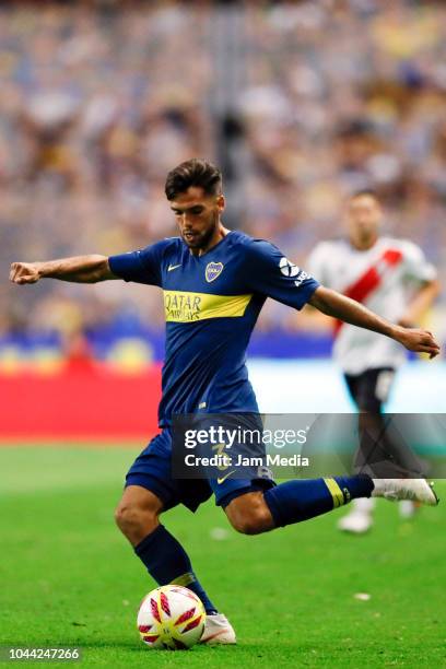 Emmanuel Mas of Boca Juniors kicks the ball during a match between Boca Juniors and River Plate as part of Superliga 2018/19 at Estadio Alberto J....