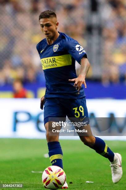 Agustin Almendra of Boca Juniors controls the ball during a match between Boca Juniors and River Plate as part of Superliga 2018/19 at Estadio...