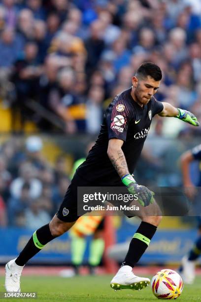 Agustin Rossi goalkeeper of Boca Juniors kicks the ball during a match between Boca Juniors and River Plate as part of Superliga 2018/19 at Estadio...