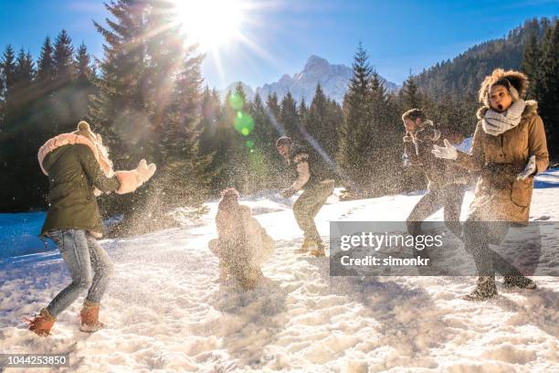 freunde, die schneeball kämpfen im schnee an sonnigen tag - schneeball effekt stock-fotos und bilder
