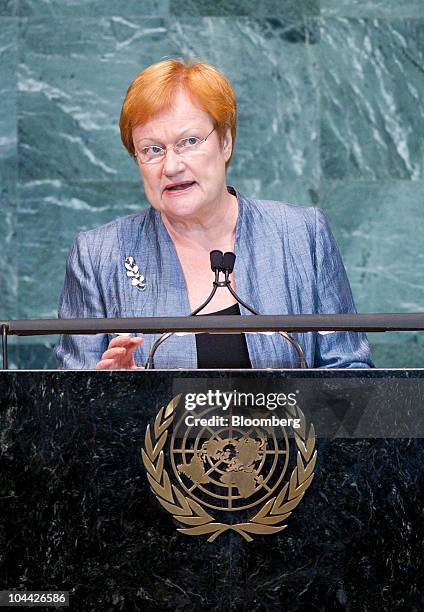 Tarja Halonen, president of Finland, speaks during the 65th annual United Nations General Assembly at the UN in New York, U.S., on Friday, Sept. 24,...