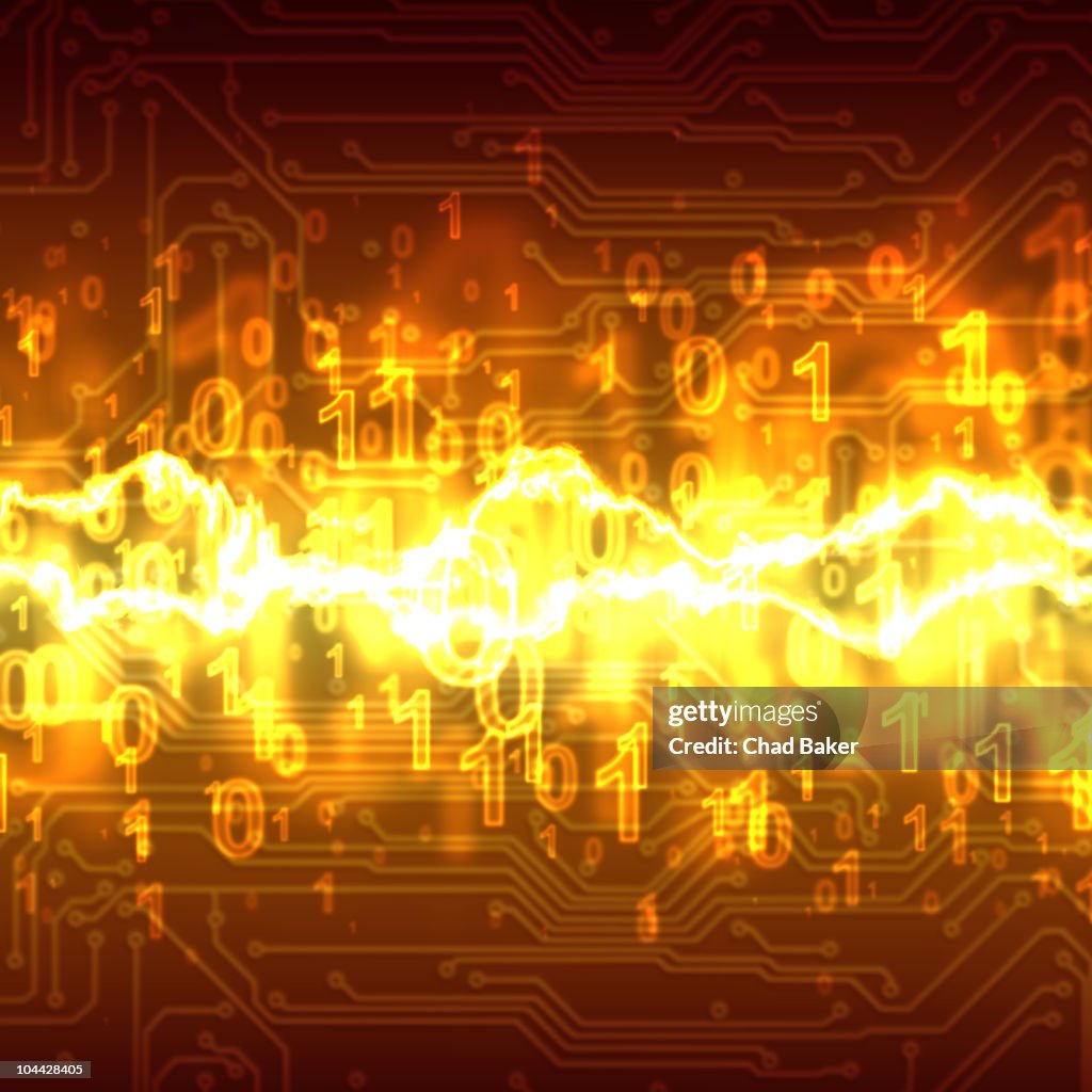 Electricity and binary code radiate over circuits