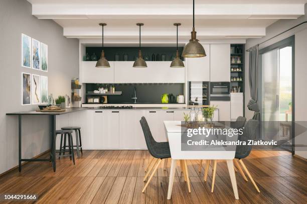 modern kitchen with dining area - dining room set stock pictures, royalty-free photos & images