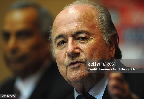 President Joseph S. Blatter speaks to the media ahead of the FIFA U17 Women's World Cup Final at the Hyatt Regency Hotel on September 24, 2010 in...