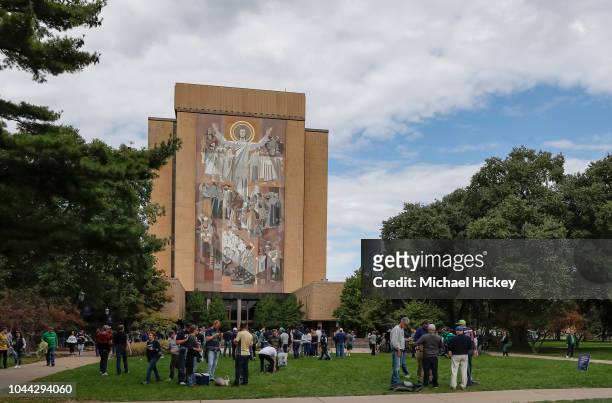 The Word of Life Mural is seen on the Hesburgh Library on the Notre Dame campus before the Notre Dame Fighting Irish versus Stanford Cardinal game at...