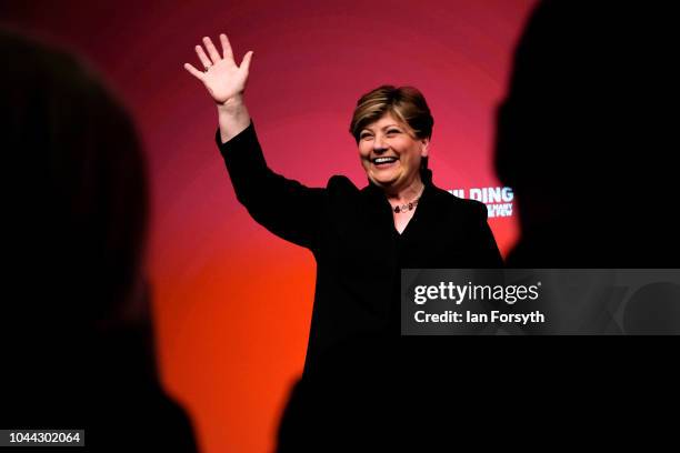 Emily Thornberry, Shadow Foreign Secretary waves as she finishes her speech to the conference on day three of the Labour Party Conference on...