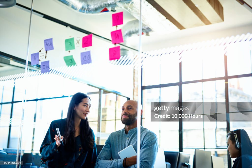 Businessman and woman looking at sticky notes on glass