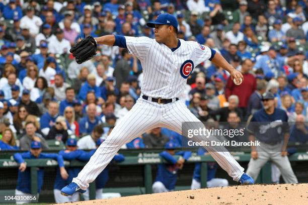 Jose Quintana of the Chicago Cubs pitches during the game against the Milwaukee Brewers on Monday, October 1, 2018 at Wrigley Field in Chicago,...