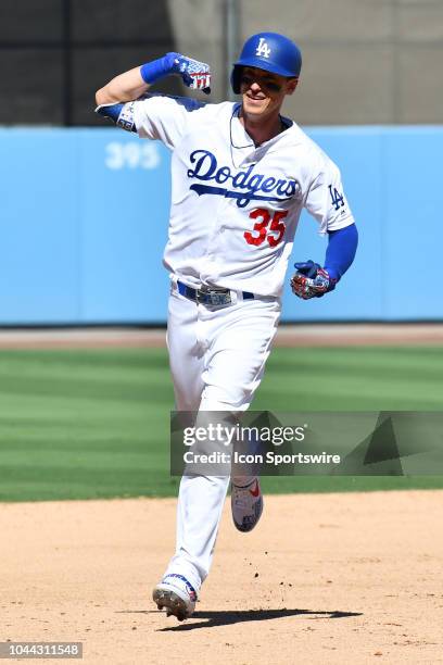 Los Angeles Dodgers outfielder Cody Bellinger celebrates his two run home run in the 4th inning of the National League West division tiebreaker game...