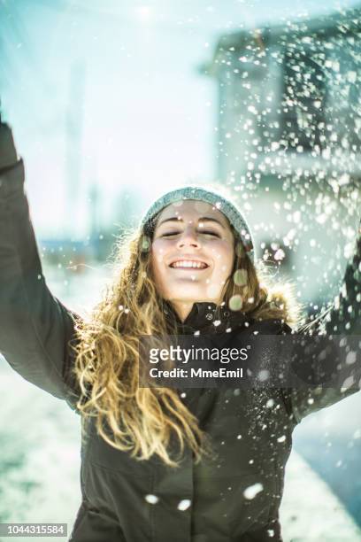 teenage girl enjoying winter - winter quebec stock pictures, royalty-free photos & images