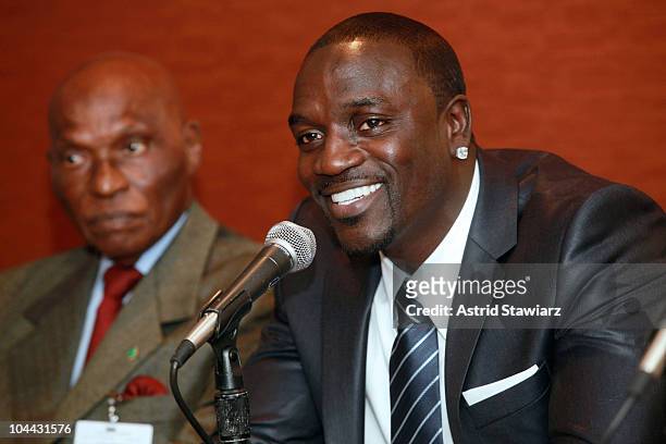 President of Senegal Abdoulaye Wade and rapper Akon attend the 2010 World Festival of Black Arts and Cultures NYC press conference at the Grand Hyatt...