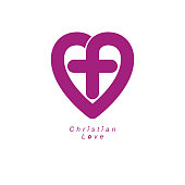 God Christian Love conceptual emblem design combined with Christian Cross and heart, vector creative symbol.
