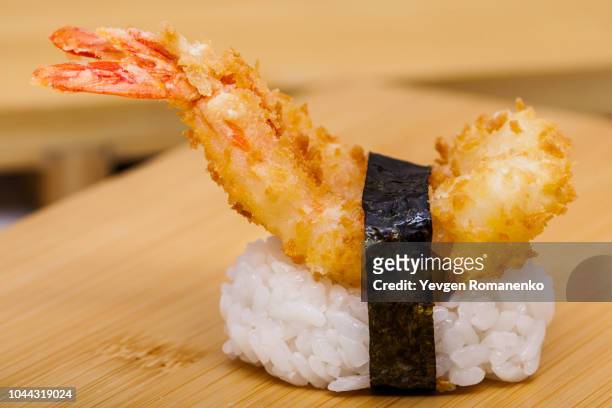 hot sushi with ebi tempura shrimp on white background - 天ぷら ストックフォトと画像
