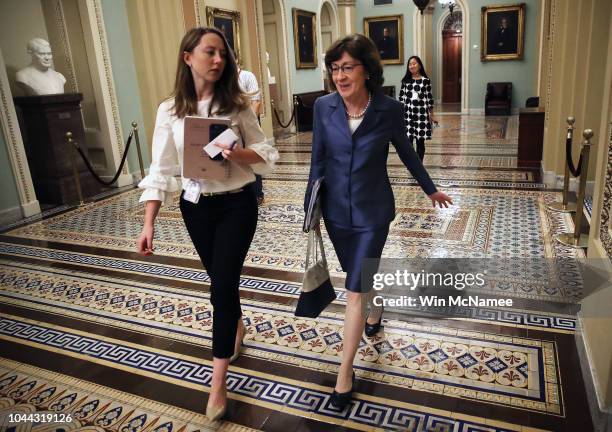 Sen. Susan Collins walks outside the office of Senate Majority Leader Mitch McConnell September 25, 2018 in Washington, DC. Supreme Court nominee...