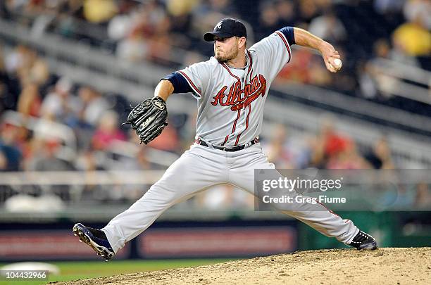 Billy Wagner of the Atlanta Braves pitches against the Washington Nationals at Nationals Park on September 24, 2010 in Washington, DC.