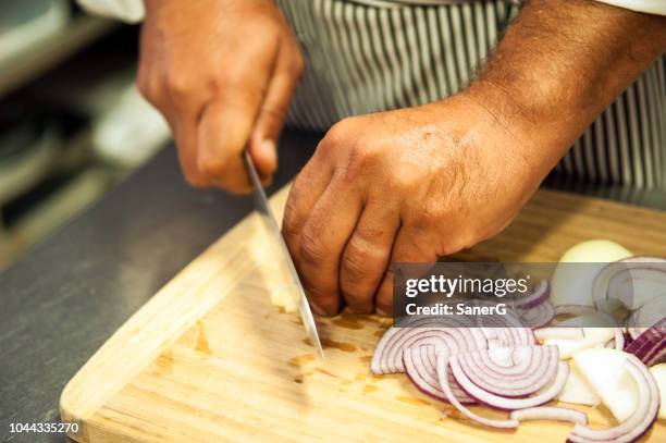 chopping garlic and red onions - cutting red onion stock pictures, royalty-free photos & images