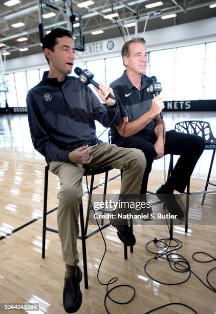 Broadcasters Chris Carrino and Tim Capstraw of the Brooklyn Nets are seen during practice on September 27, 2018 at HSS Training Center in Brooklyn,...