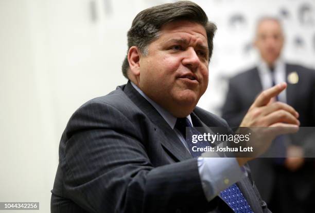 Illinois gubernatorial candidate J.B. Pritzker speaks during a round table discussion with high school students at a creative workspace for women on...