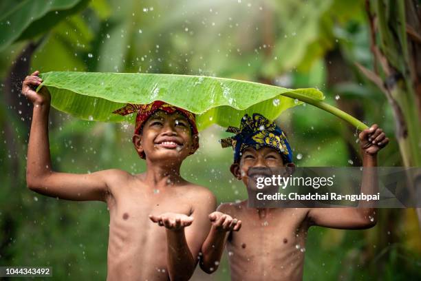indonesia children farmer playing rain. asian kid smile. indonesian concept. - indonesië stockfoto's en -beelden