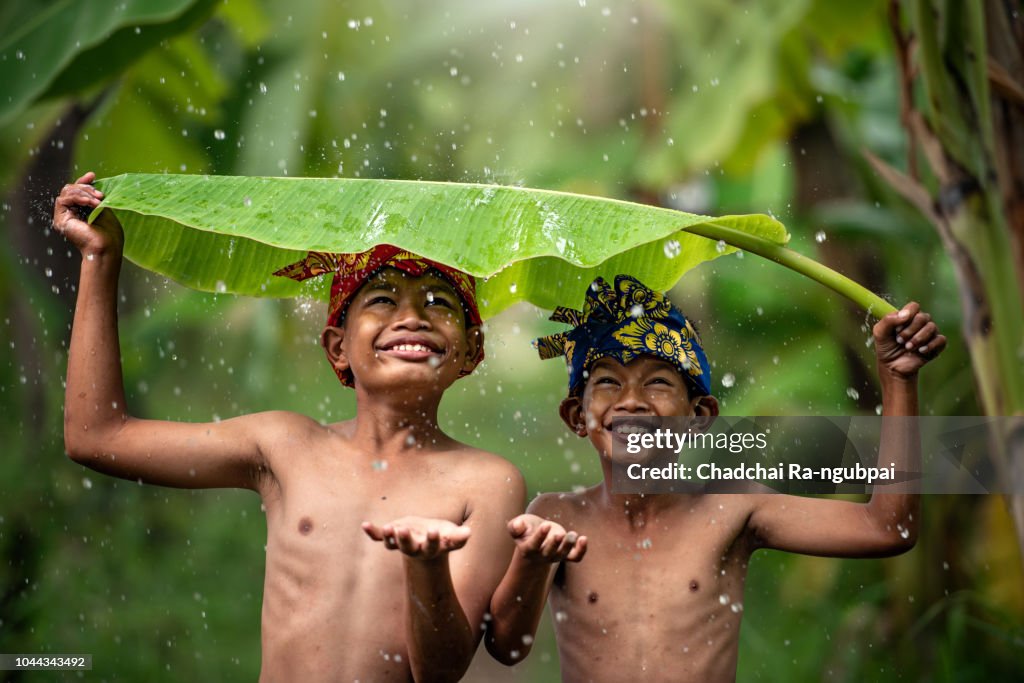 Indonesia children farmer playing rain. Asian kid smile. Indonesian concept.