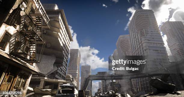 post apocalypse urban landscape (day) - rubble explosion stock pictures, royalty-free photos & images