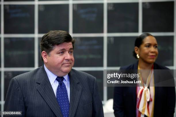 Illinois gubernatorial candidate J.B. Pritzker stands with his Illinois gubernatorial Lieutenant Governor candidate Juliana Stratton as he speaks to...