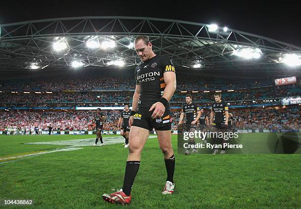 Gareth Ellis of the Tigers looks dejected as he leaves the ground after the Second NRL Preliminary Final match between the St George Illawarra...