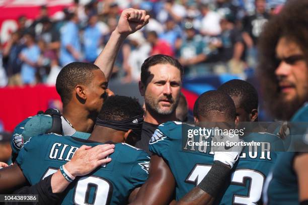 Philadelphia Eagles offensive coordinator Mike Groh is surrounded by players during the football game between the Philadelphia Eagles and the...