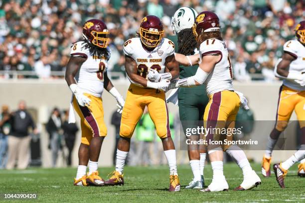 Central Michigan Chippewas safety Tyjuan Swain celebrates a big defensive play during a non-conference college football game between Michigan State...