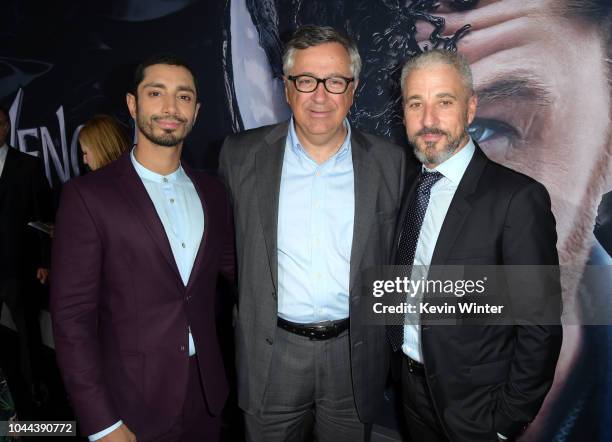 Riz Ahmed, Chairman/CEO of Sony Pictures Entertainment Tony Vinciquerra, and Matt Tolmach attend the premiere of Columbia Pictures' 'Venom' at...