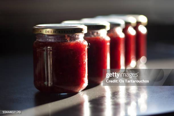 set of strawberry jam jars - jam jar stock pictures, royalty-free photos & images