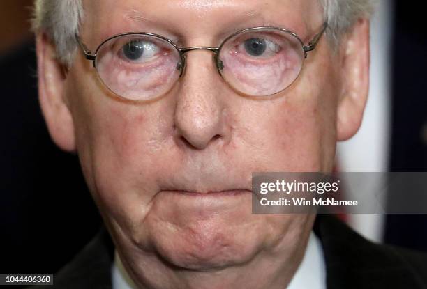 Senate Majority Leader Mitch McConnell answers questions from the press following the weekly Republican policy luncheon on September 25, 2018 in...